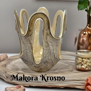 Makora Krosno Vintage Hand Blown Made Swirl Gold & Brown Open Vase Glass Ruffle